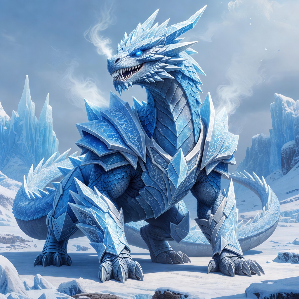 Glacial Veilwall Titan — Aetherfrost ice guardian dragon as living glacial rampart with fog aura