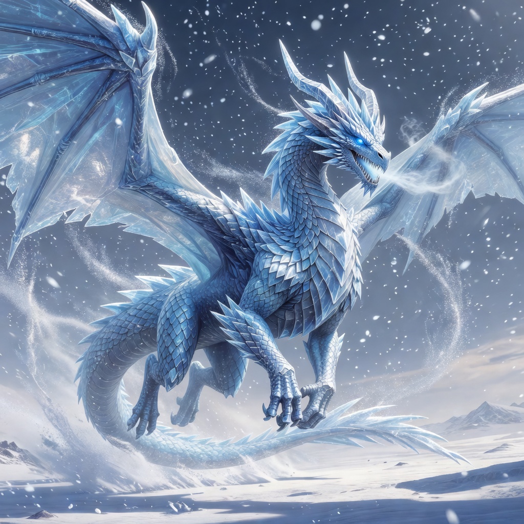 Mistwing Glider — Aetherfrost ice flyer dragon with mist wings scouting under aurora