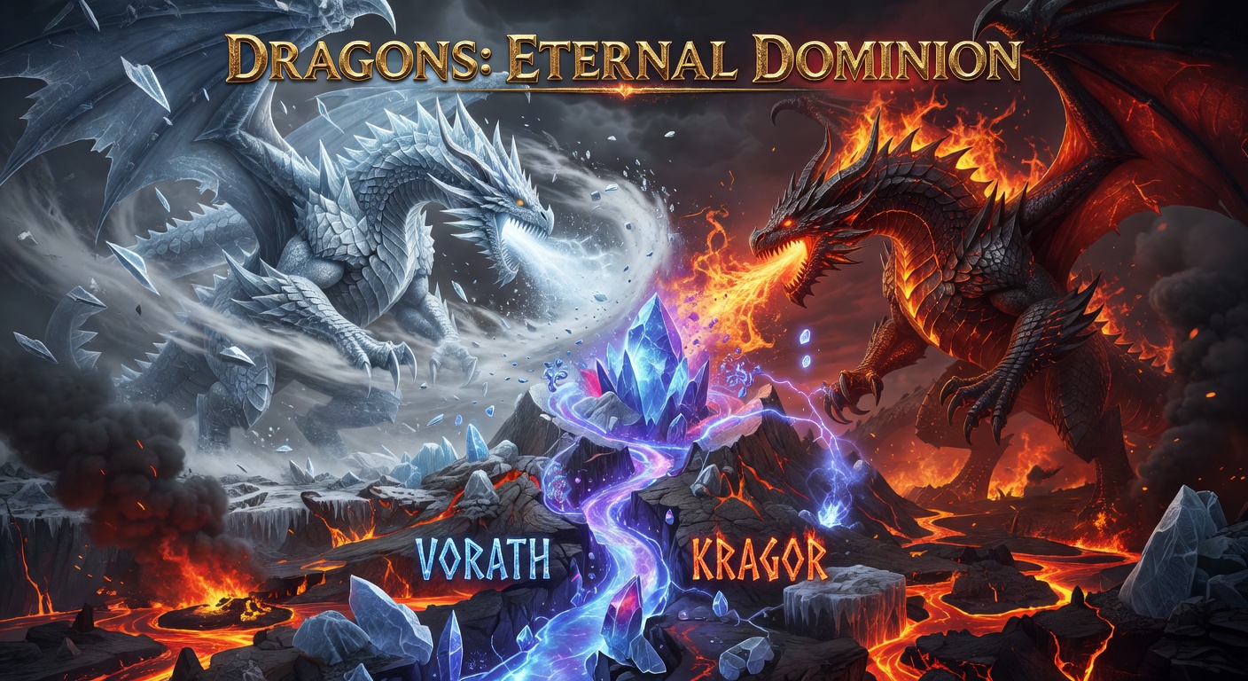 Epic clash of Vorath (ice dragon on left, frost breath and crystals) and Kragor (fire dragon on right, lava and flame) over the glowing shard vein between ice and fire territories